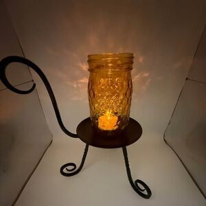 Vintage Wrought Iron & Amber Glass Centerpiece - Fall / Halloween Decor